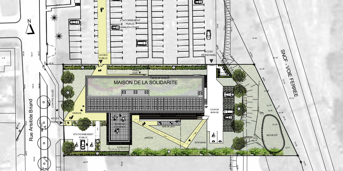 Plan de masse du concours de MOE pour la construction de la Maison des Solidarités de Méru (60). Architecte V. FRANQUET